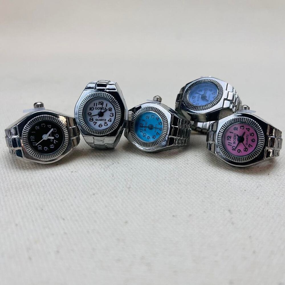 Y2K 2000s Vintage Silver Tone Watch Ring Round Face Unisex Elastic Band NEW